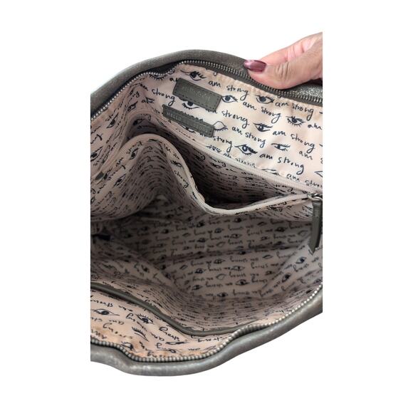 Stella & Dot Gray Leather Zip Top Bag Silver Hardware Inside Zip Pockets - Picture 6 of 8